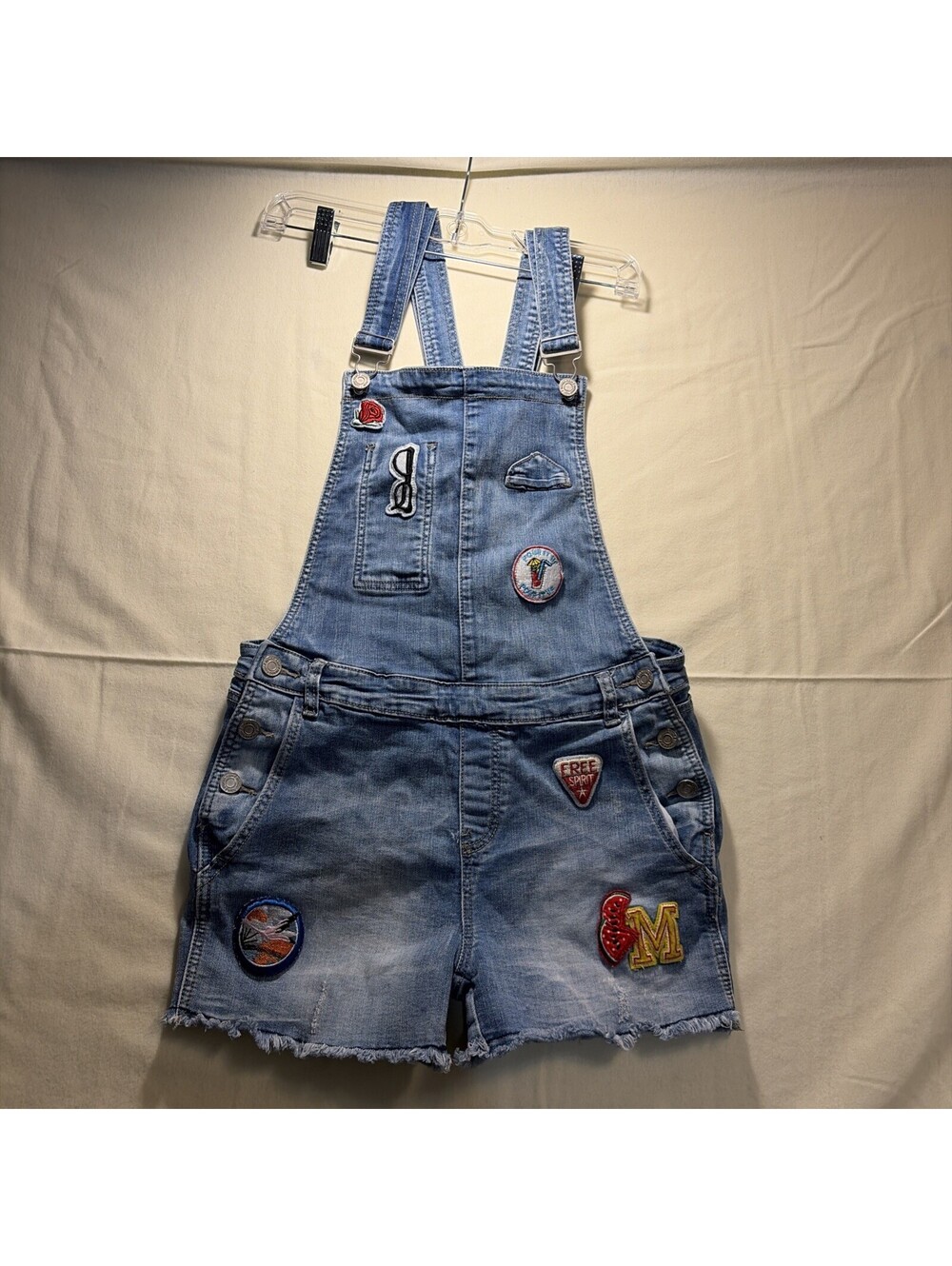 Indigo Rein Denim Overall Shorts w/ Retro Summer Patches Distressed Size 9